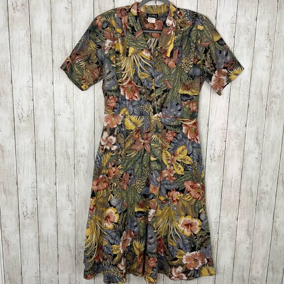 Vintage Jenny Tropical Floral V Neck Collared Short Sleeve Knee Length Dress 14 - Picture 1 of 11